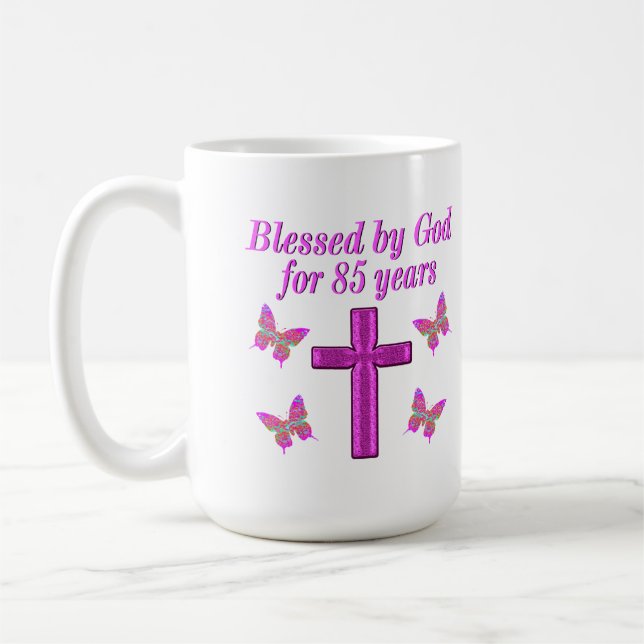 MUG CHRÉTIEN 85E ANNIVERSAIRE CROIX ROSE CONCEPTION (Gauche)