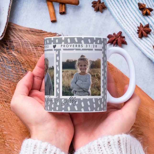 Mug Christian Blessed Mom Photo Collage Noms de conser (A Christian keepsake mug with Proverbs 31:28 and space for 3 photos.)