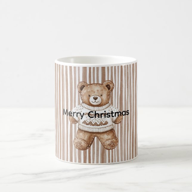 Mug Christmas Brown Cream Teddy Bear Stripes (Centre)