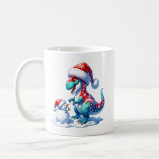 Mug Christmas dinosaur with cute snowman, fantasy 