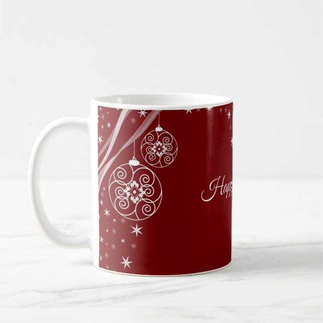 Mug Christmas Party White Ornaments Stars Red Elegant (Gauche)