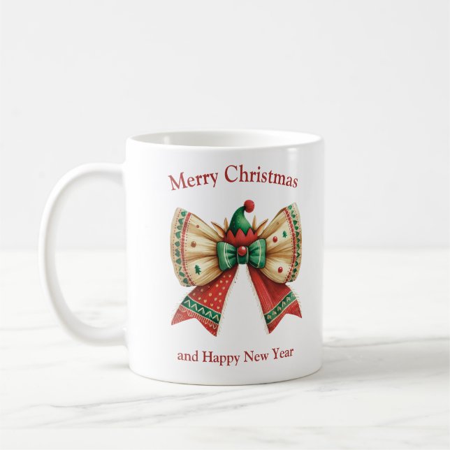 Mug Christmas rustic bow with elves hat reindeer (Gauche)