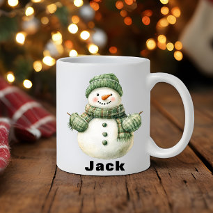 Mug Christmas Snowman Green Casquette Nom personnalisé