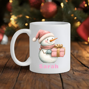 Mug Christmas Snowman Holding Cadeau Nom personnalisé