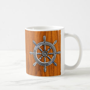 Mug Chrome style Nautical Wheel on Teak