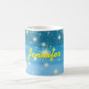 Mug Ciel bleu brillant étoiles nom jaune