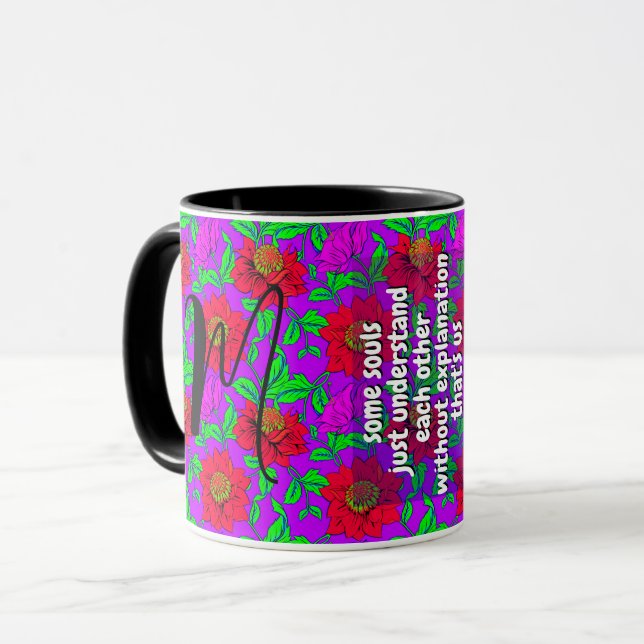 Mug Citation de jolie sœur & monogramme floral | Cadea (Devant gauche)
