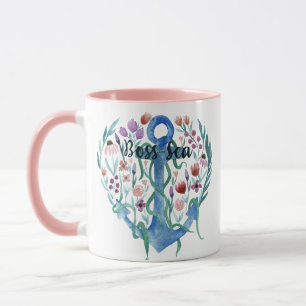 Mug Citation de mer Boss Ancre Fleurs Feuille Aquarell