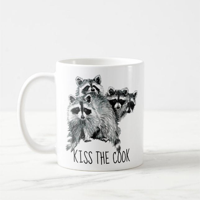 Mug Citation drôle Kiss the Cook mignon Raccoons, Anim (Gauche)