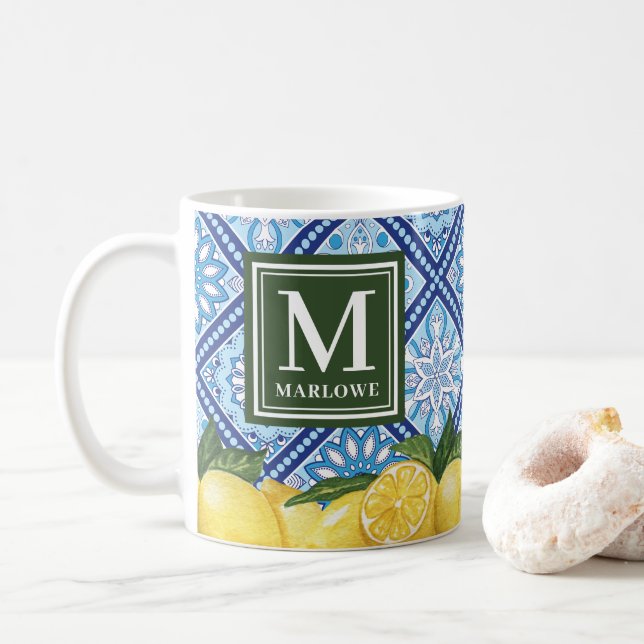 Mug Citrons Carreaux Bleus Méditerranéens Monogramme (Avec donut)