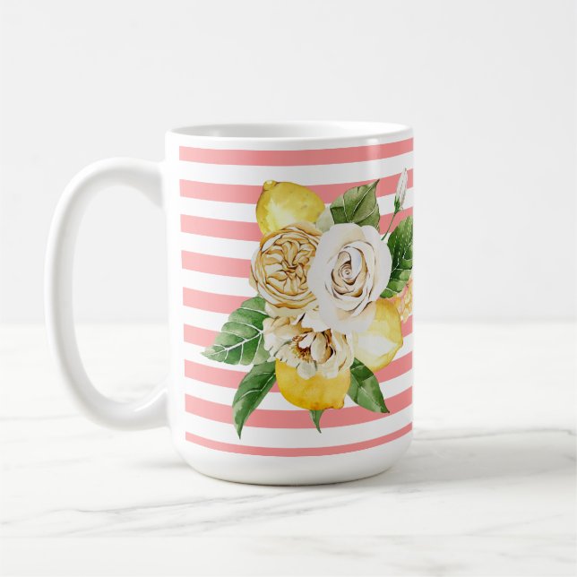 Mug Citrons et roses à rayures roses (Gauche)