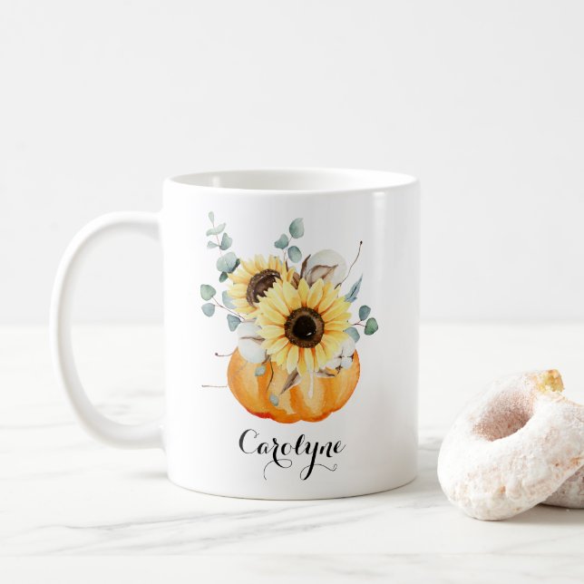 Mug Citrouille aquarelle avec tournesol Personnalisé (Avec donut)
