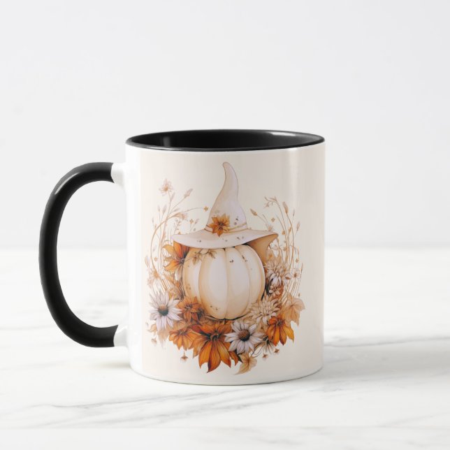 Mug Citrouille blanc Boho et crème de fleurs Halloween (Gauche)
