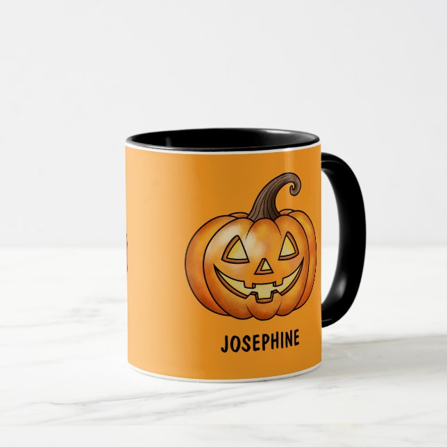 Mug Citrouille de dessin animé orange avec nom personn (Devant droit)