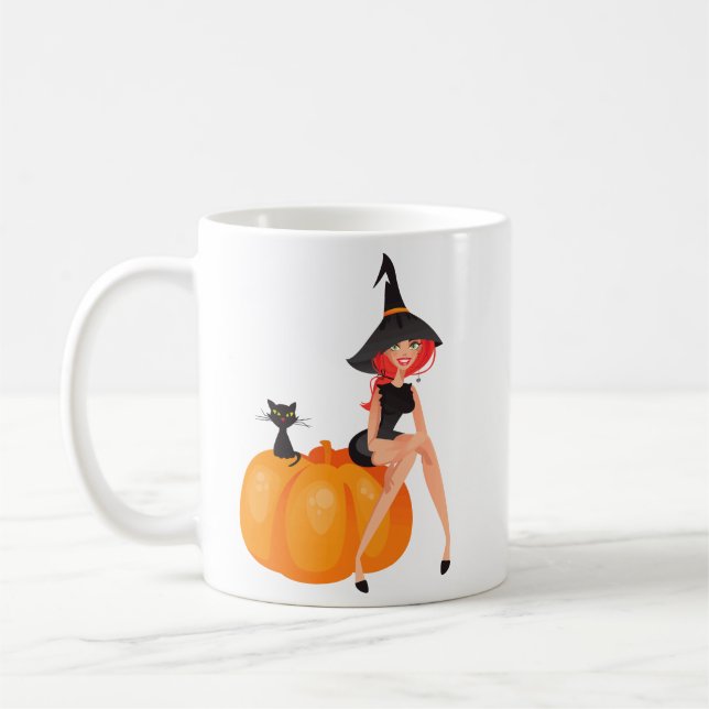 Mug Citrouille de la sorcière d'Halloween et chat noir (Gauche)