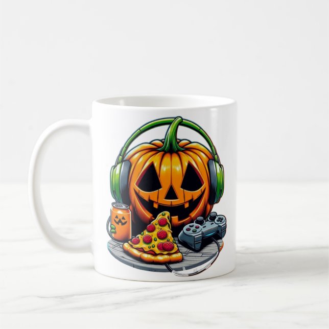 Mug Citrouille d'Halloween avec casque et jeux? (Gauche)