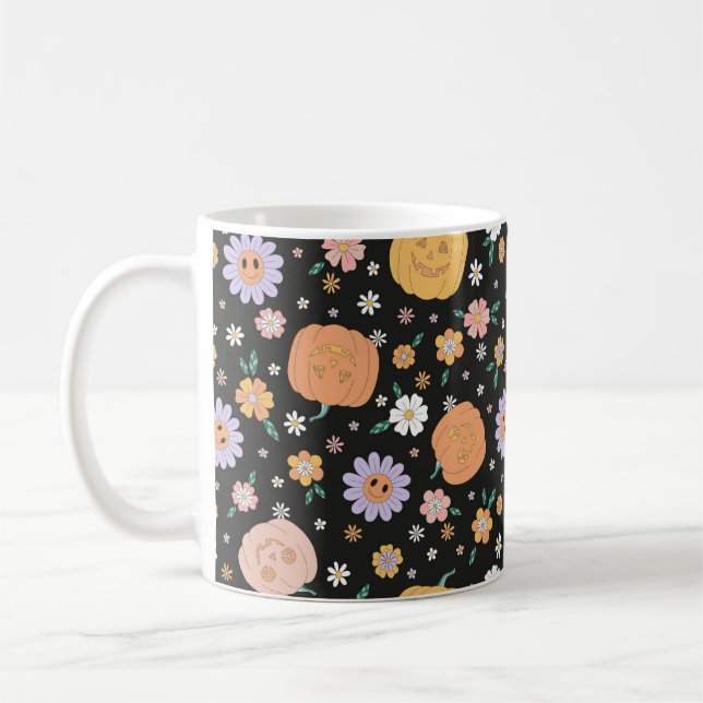 Mug Citrouilles d'Halloween rétro et Motif de fleurs (Gauche)