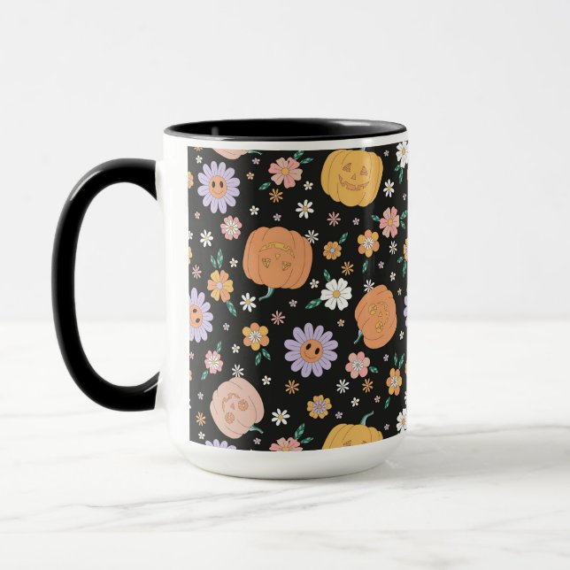 Mug Citrouilles d'Halloween rétro et Motif de fleurs (Gauche)