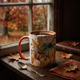 Mug Citrouilles et feuilles aquarelles colorées