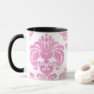 Mug Clair rose et blanc Élégant Chic Damask Patte