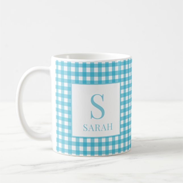 Mug Classic Blue Gingham Plaid Monogram Name (Gauche)