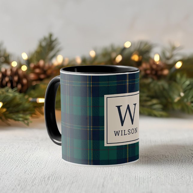 Mug Classic Green Tartan Plaid Monogram Christmas (Créateur téléchargé)