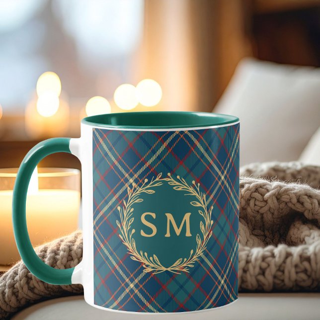 Mug Classic Monogram Gold Wreath Green Tartan Plaid (Créateur téléchargé)