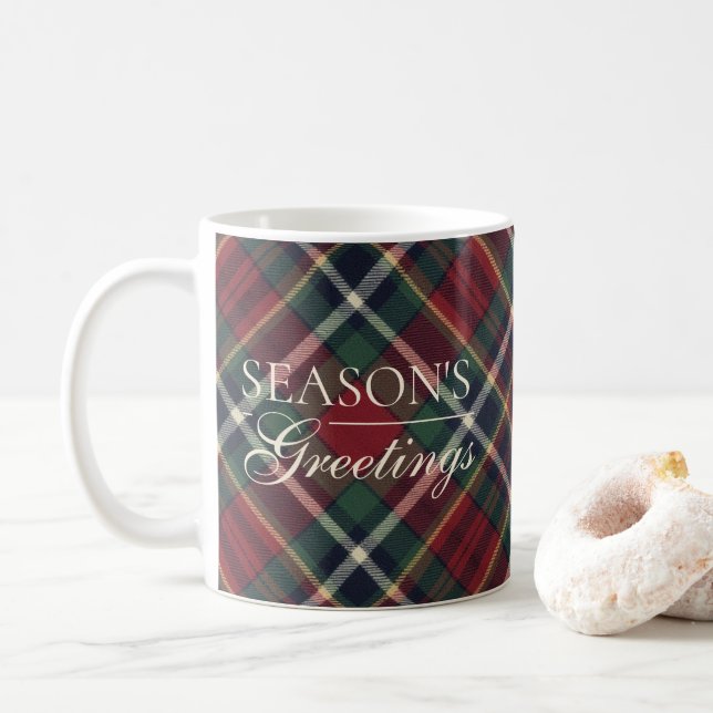 Mug Classic Red Dark Blue Green Plaid Pattern Two-Tone (Avec donut)