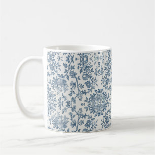 Mug Classique Vintage Français Gravé Floral Toile-Bleu