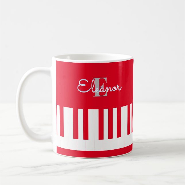 Mug Clés de piano rouge vif moderne Monogramme (Gauche)