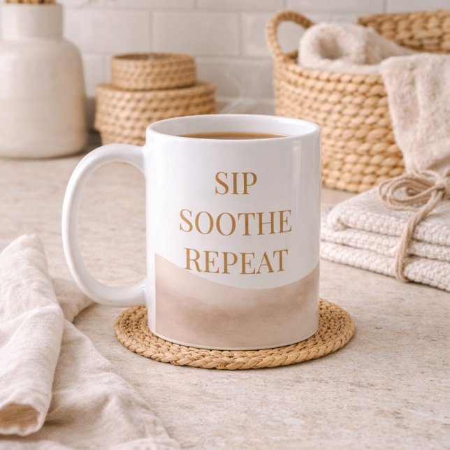 Mug Coastal Coffee Ritual Classic Mug, 11 oz (Taupe watercolor wrap with gold Sip Soothe Repeat for refined coffee rituals.)