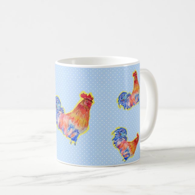 Mug Cockerel Rooster Rouge Drôle et Zones Bleues et Bl (Devant droit)