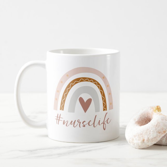 Mug Coeur boho gris pâle arc-en-ciel doux vie (Avec donut)
