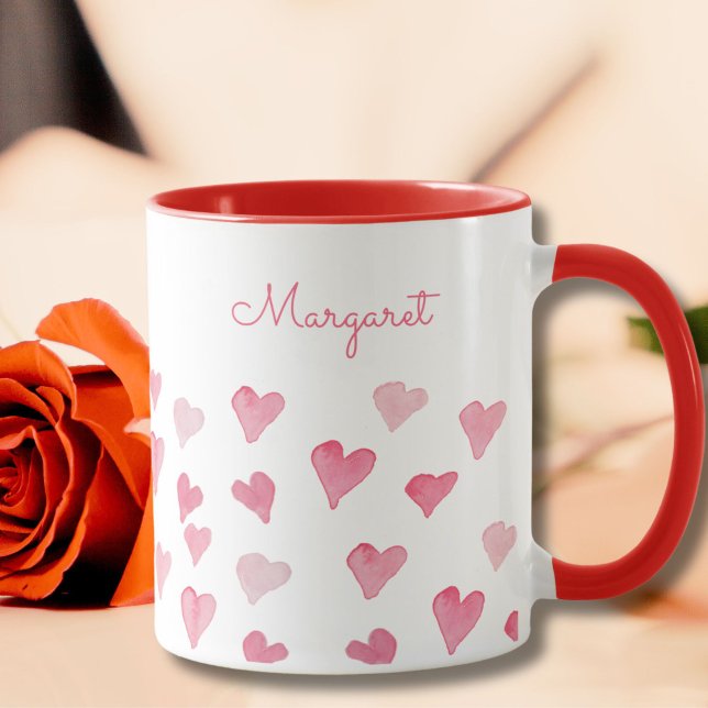 Mug Coeur d'aquarelle personnalisée Saint-Valentin (These soft personalized watercolor hearts lend a touch of romance to morning coffee and tea.)