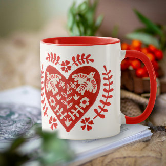 Mug Coeur d'art populaire rouge et blanc