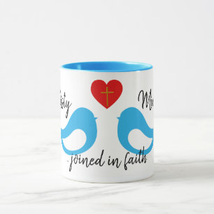 Mug Coeur d'Inséparables bleus avec croix et noms Mari