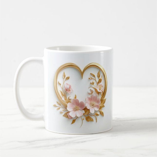 Mug Coeur D'Or Et Fleurs Roses Délicates (Gauche)