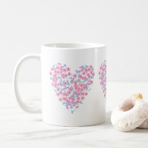 Mug Coeur floral, fleurs rose et bleue en forme de coe