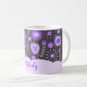 Mug Coeur gris violet blanc et nom floral