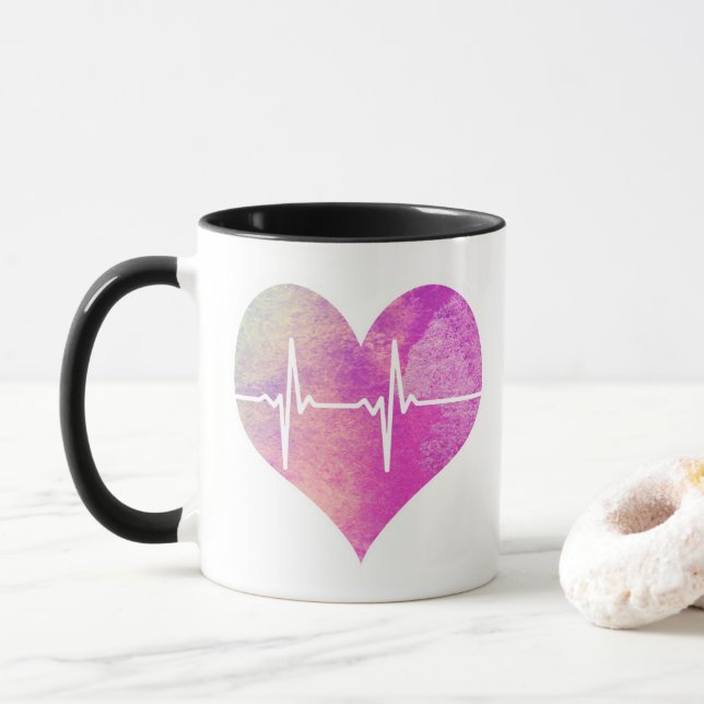 Mug Coeur pourpre ECG d'aquarelle (Avec donut)