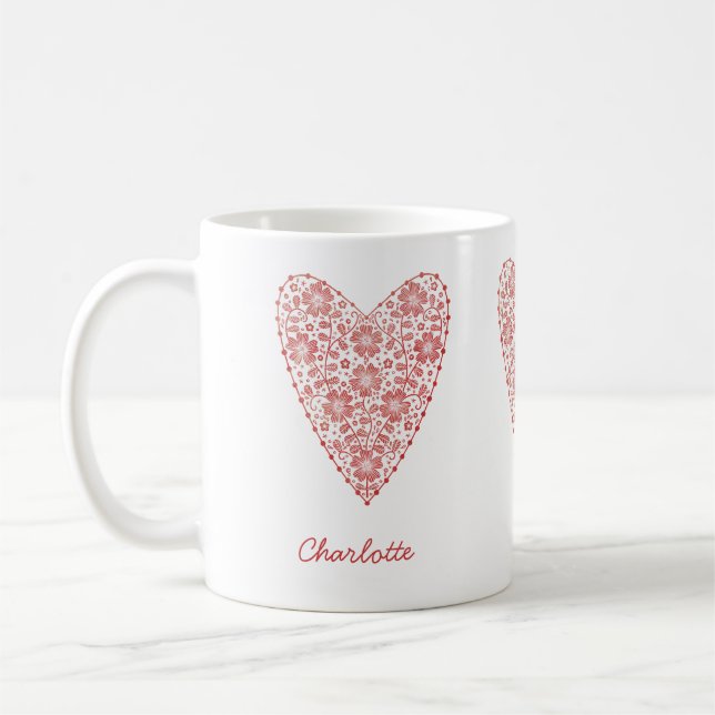 Mug Coeur Scandinave Personnalisé Rouge Blanc Blanc (Gauche)