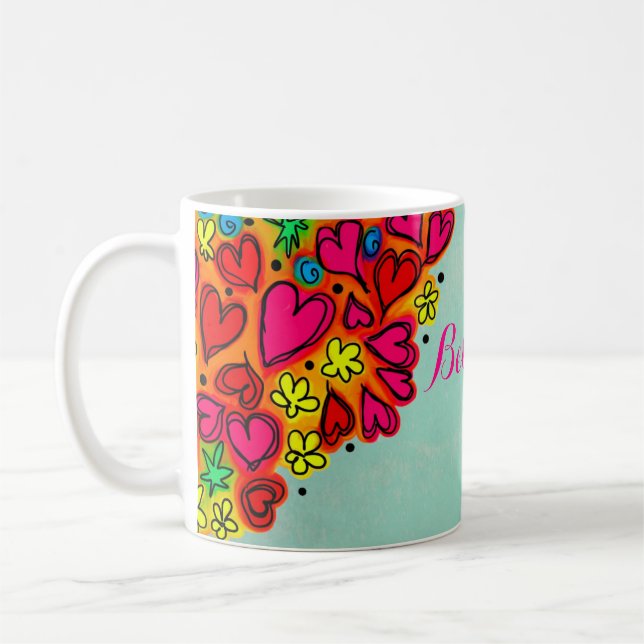 Mug Coeurs et fleurs de doodle à main mignonne (Gauche)