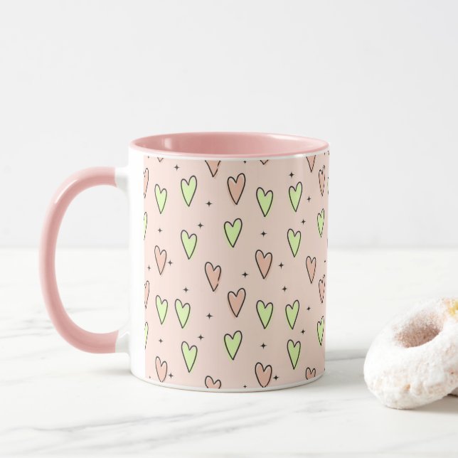 Mug Coeurs mignons et étoiles motif sur rose (Avec donut)