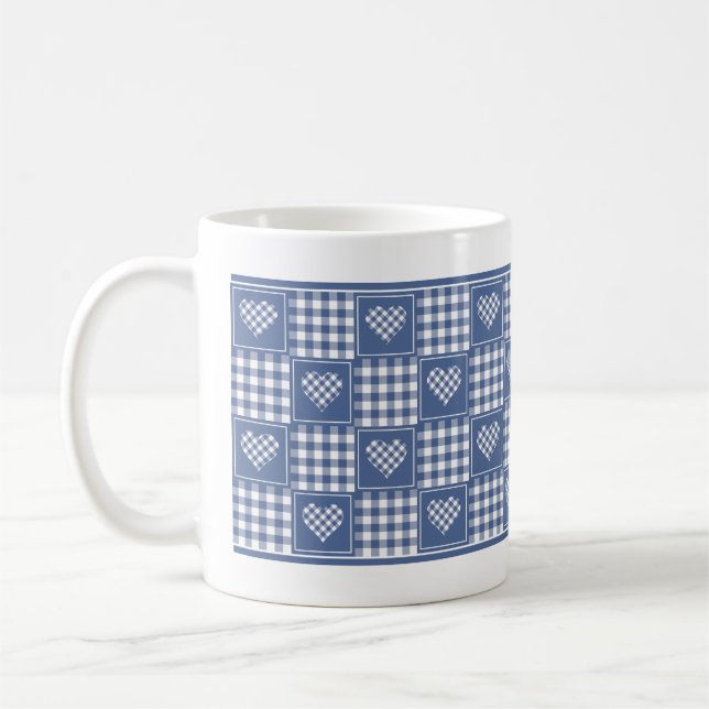 Mug Cœurs Patchwork à Carreaux Buffle Blanc Bleu Pouss (Gauche)