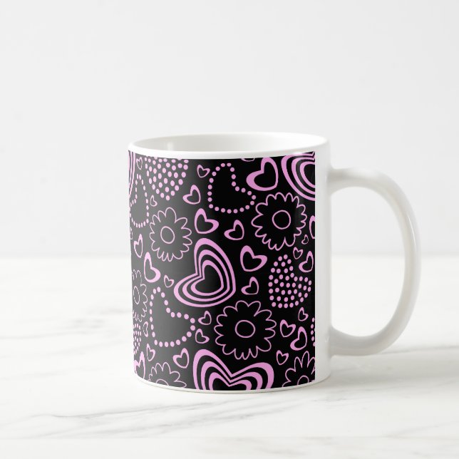 Mug Coeurs pointus et fleurs mignonnes en rose et noir (Droite)
