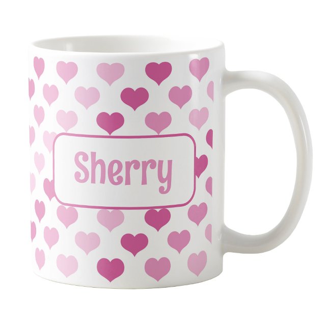 Mug Coeurs roses personnalisés (Personalized Pink Hearts Mug at Amy's Coffee Mugs on Zazzle. )