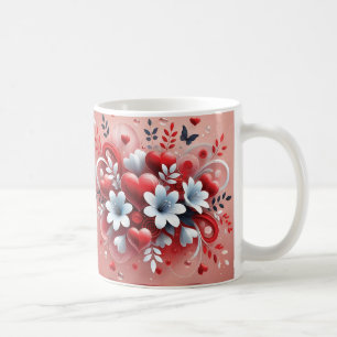 Mug Coeurs rouges Fleurs blanches Papillon Saint-Valen