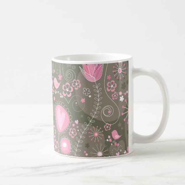 Mug Coeurs Whimsical rose et gris, oiseaux et fleurs (Droite)