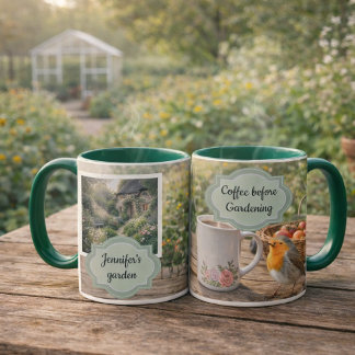 Mug Coffee before gardening robin morning garden photo