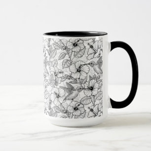 Mug Colibris et fleurs d'hibiscus b&w